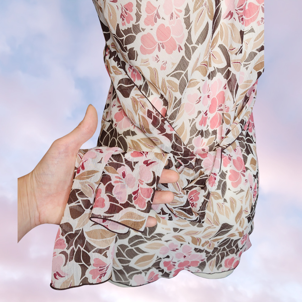 Y2k 2000 Vtg iz Byer Cali Floral Short Sleeve V-Neck Tie Back Chiffon Mesh Top L - Picture 7 of 8